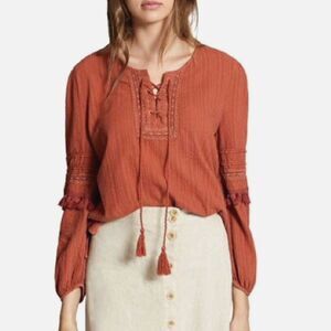 Sanctuary Lace Up Tassel Long Sleeve Peasant Boho Top XS
